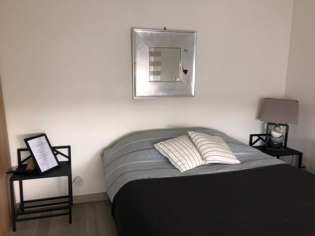 Un dormitorio con una cama con dos almohadas encima. en Joli Studio A Euroairport-BASEL-MULHOUSE-FREIBURG, en Saint-Louis