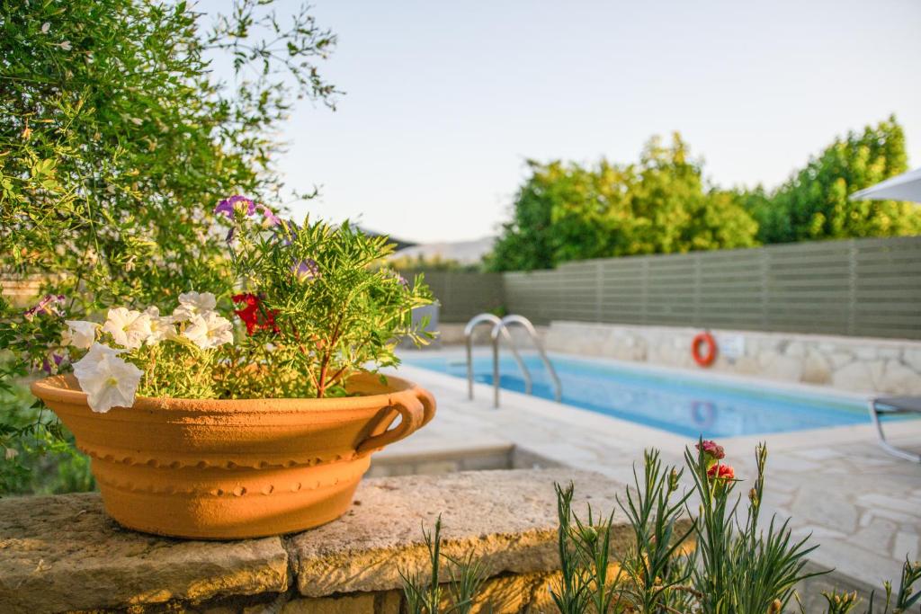 un vaso di fiori appoggiato su un muro accanto a una piscina di Villa Rouga by Andrian Villas a Kalamítsion Alexándrou
