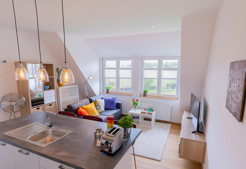 a small kitchen and living room with a couch at Gästeapartment auf einem Bauernhof in Bad Bentheim