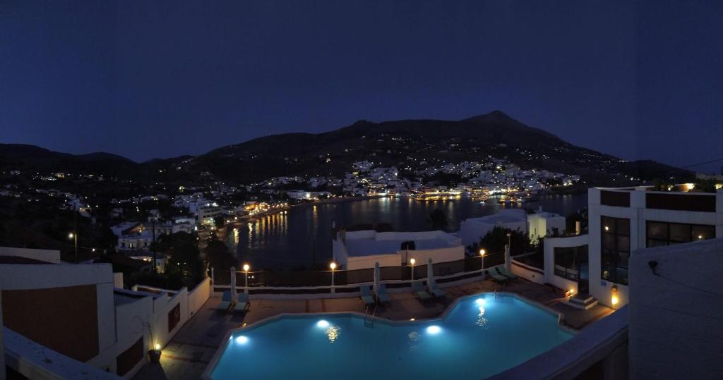 a view of a city from a hotel at night at Mare Vista Hotel - Epaminondas in Batsi