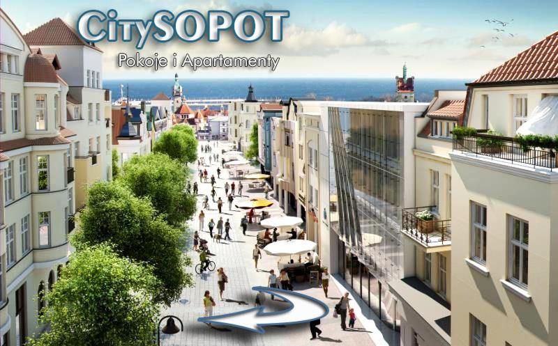 a rendering of a city street with people and buildings at City Sopot Pokoje i Apartamenty in Sopot