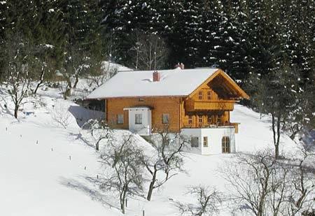 ein Holzhaus mit Schnee auf einem schneebedeckten Feld in der Unterkunft Hacklgut in Radstadt