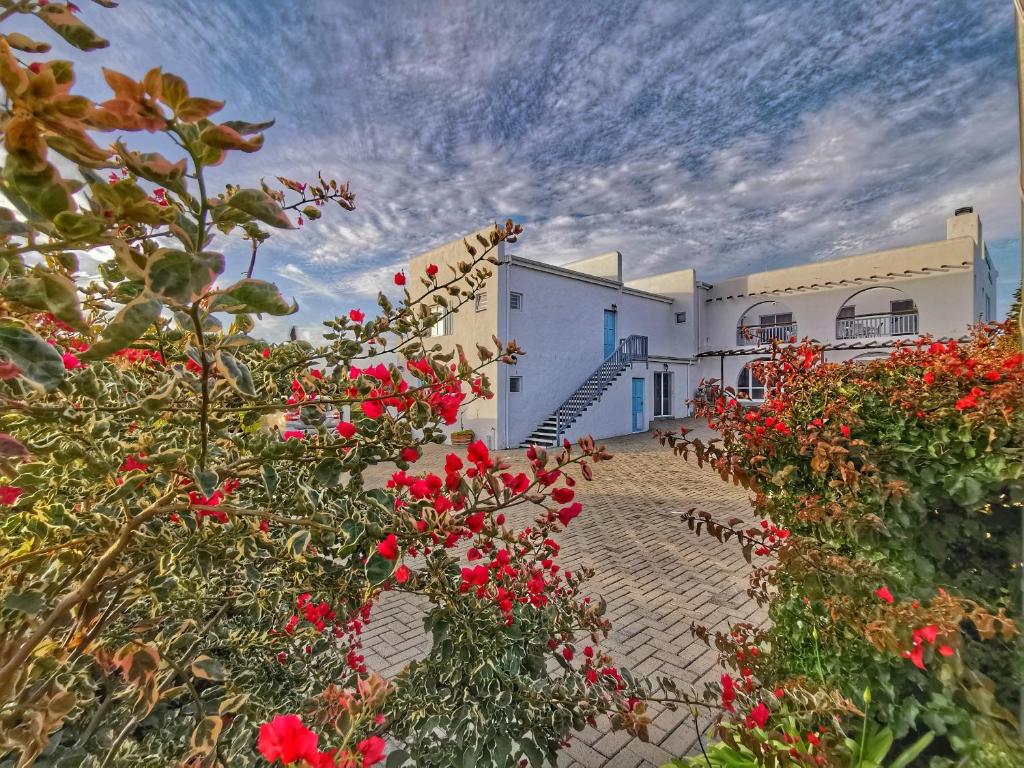 a building with red flowers in front of it at Bellamente Sirene in Gansbaai