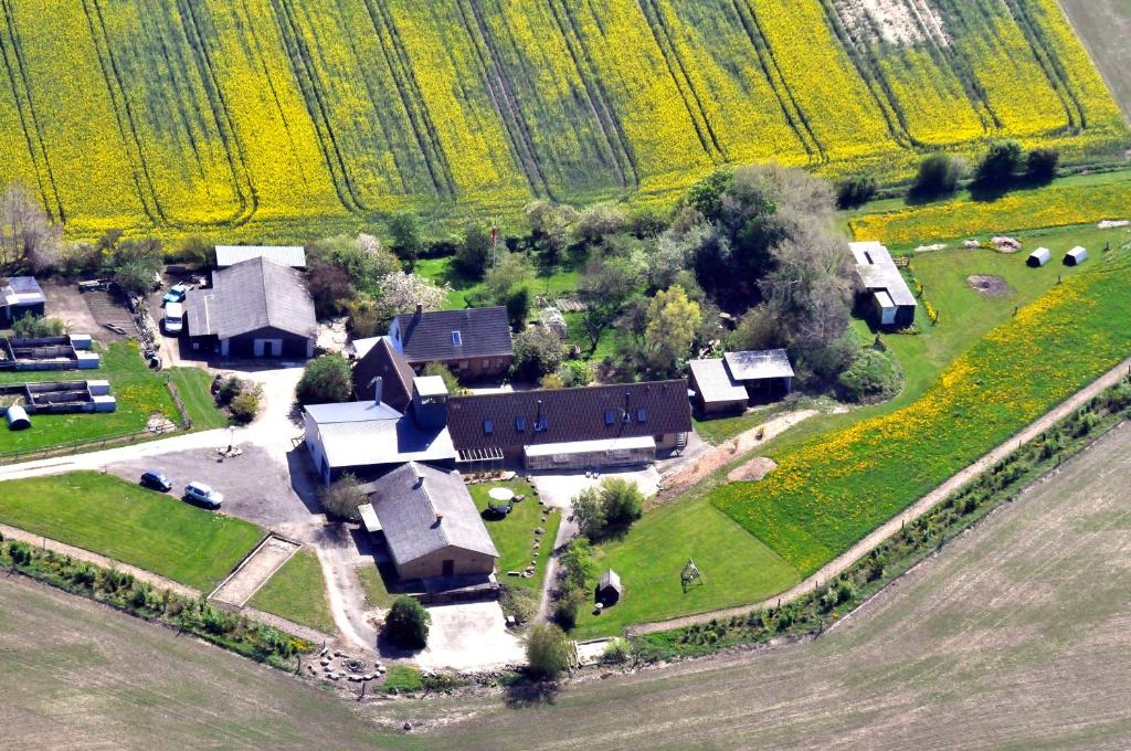 an aerial view of a house in the middle of a field at Fuglsang Apartments in Skattebølle