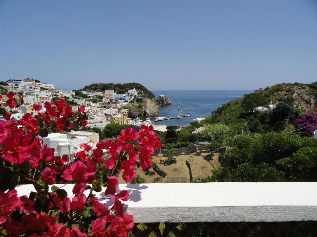 a view of a town with pink flowers on a white fence at Cavadozza in Ponza
