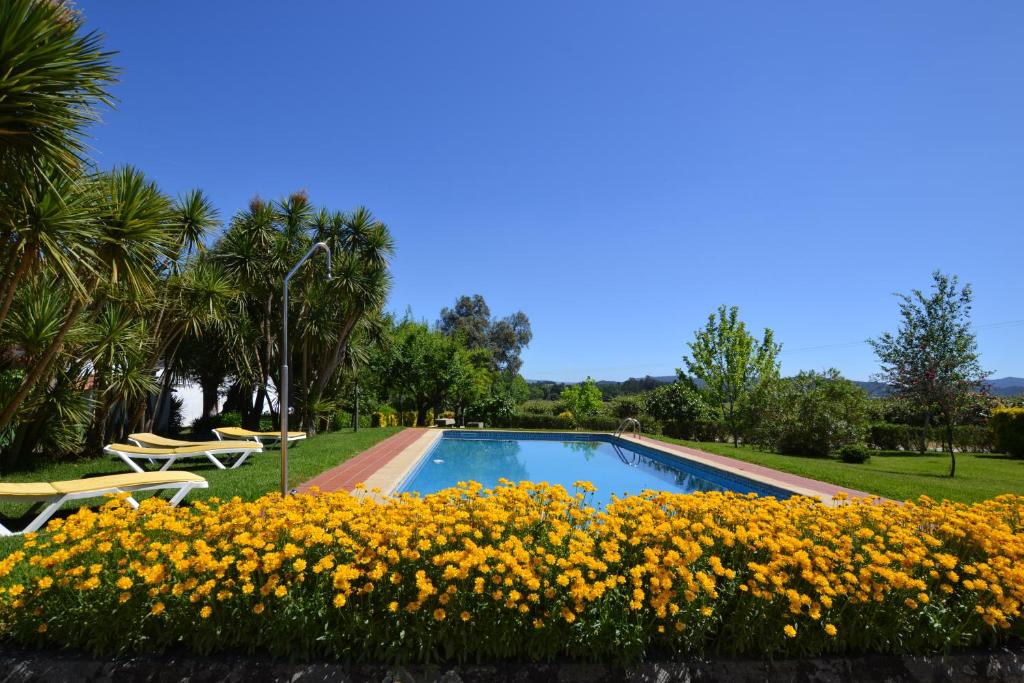 uma piscina num jardim com flores amarelas em Quinta de São Bento em Vila de Prado