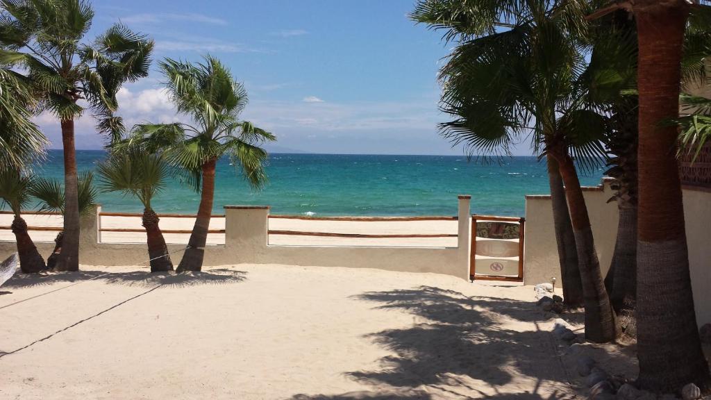 una playa con palmeras y el océano en Baja Joe's Hotel, en La Ventana