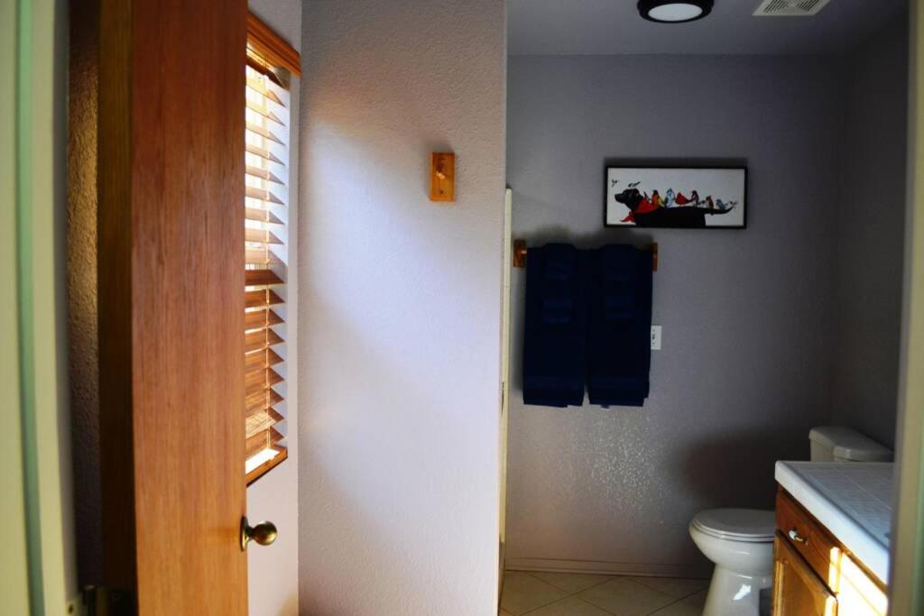 a bathroom with a toilet and a picture on the wall at Blue Jay Paradise in Three Rivers