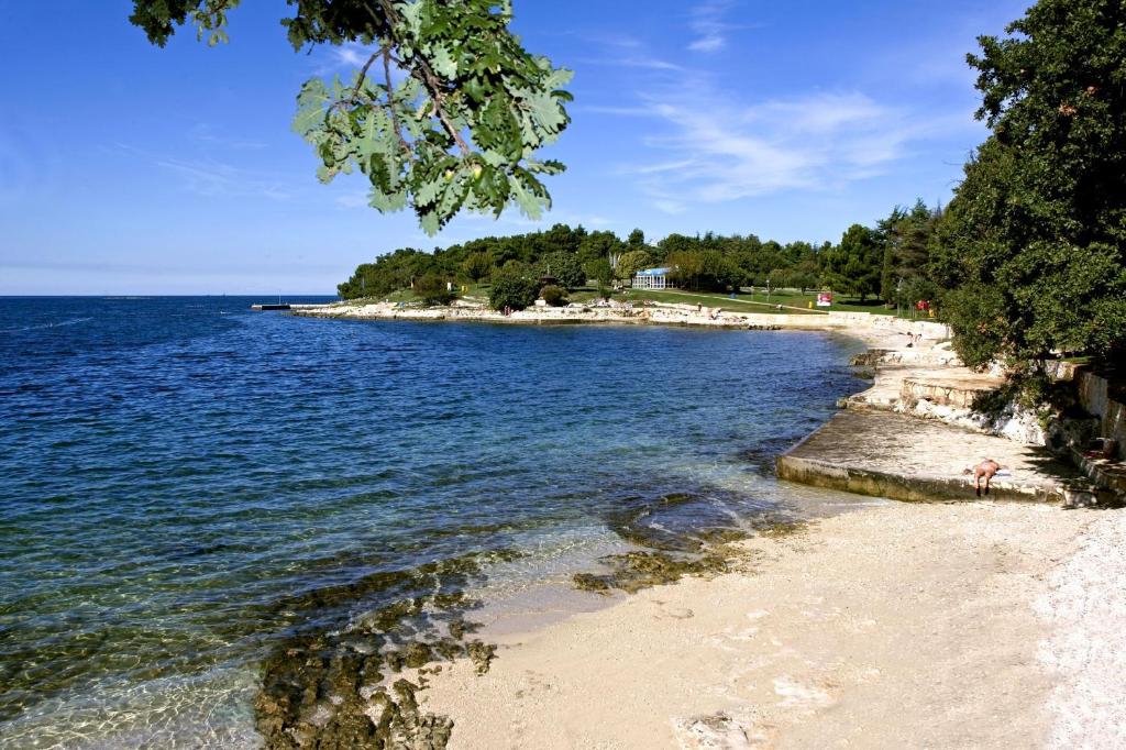 a beach with water and trees on the shore at Hotel Istra Plava Laguna in Poreč