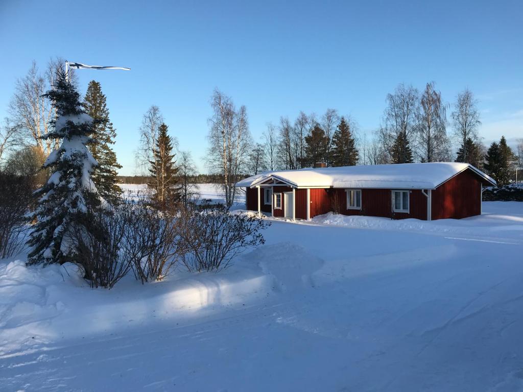 a red cabin in a snow covered field with a tree at Lake Sieri House in Rovaniemi
