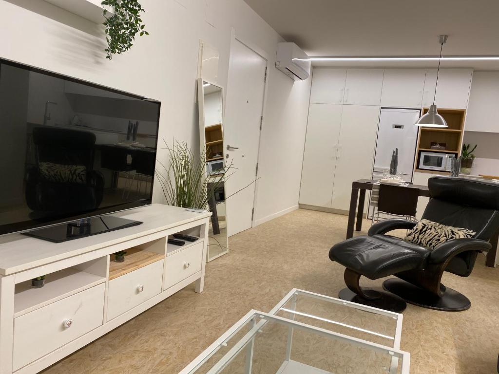 Televízia a/alebo spoločenská miestnosť v ubytovaní JASALPI único apartamento delante del Lago de Banyoles