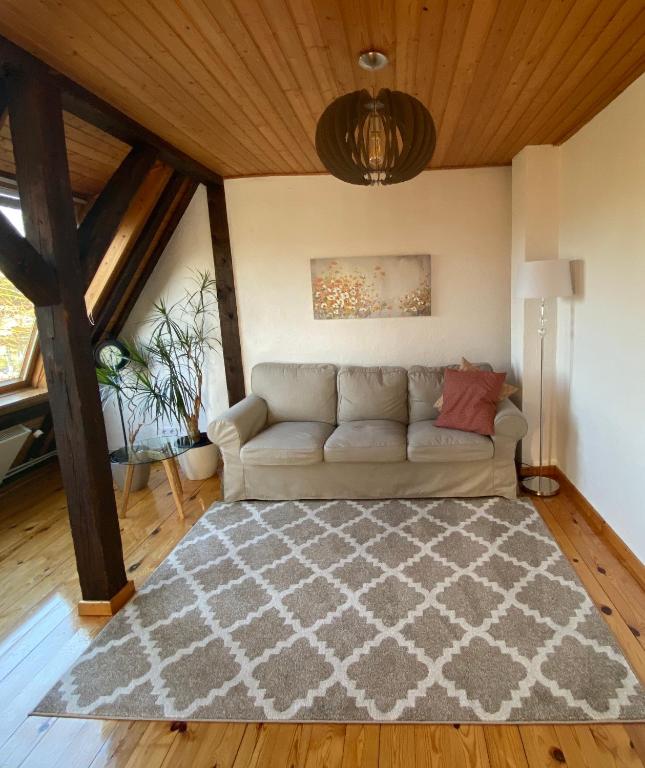 a living room with a couch and a rug at Ferienwohnung Kanalblick in Schacht-Audorf