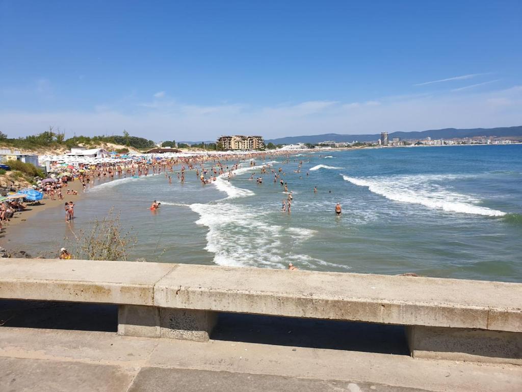a beach with a bunch of people in the water at Penthaus Cacao Beach in Sunny Beach