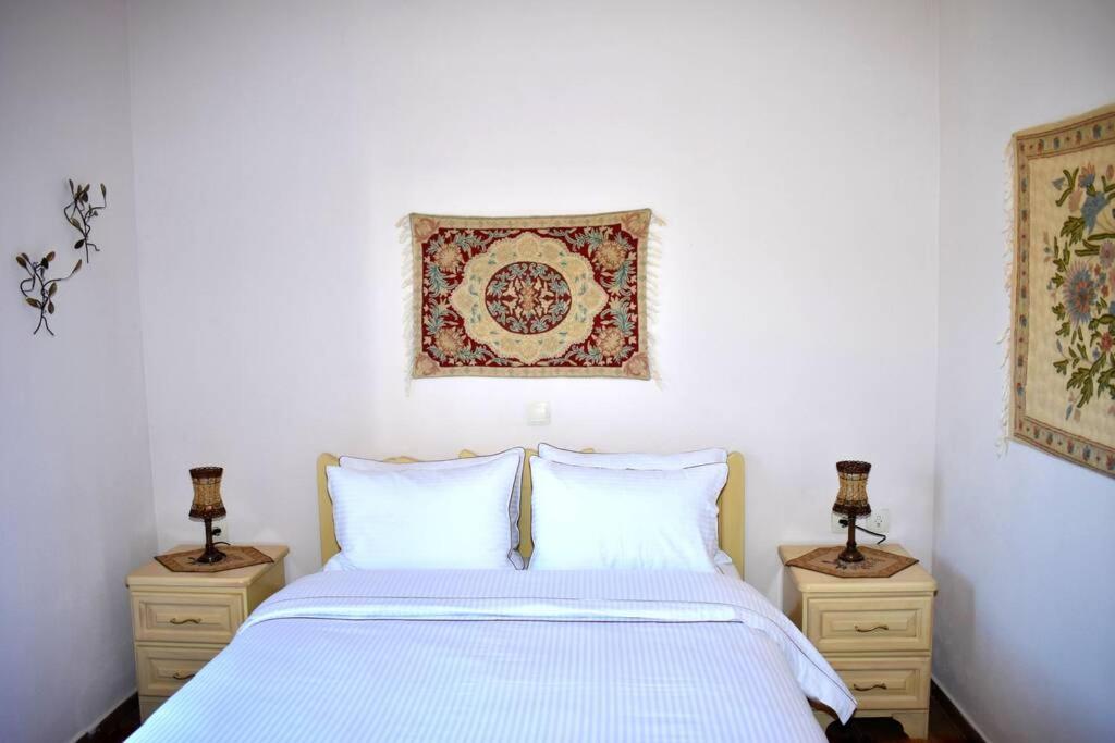 een slaapkamer met een wit bed en 2 nachtkastjes bij Eufrosini Guesthouse in Metsovo