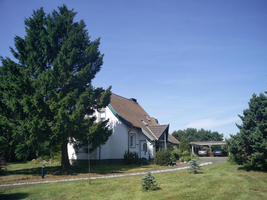 a white house with a tree in the yard at Ferienwohnung am Küstenwald in Trassenheide