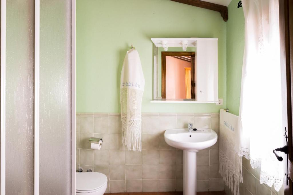 Un baño con lavabo, inodoro y espejo. en Las Calabazas, en Barrado