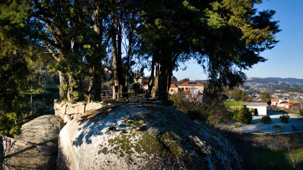 Un grand rocher avec des arbres au-dessus dans l'établissement Quinta do Mirante, à Castelo de Paiva