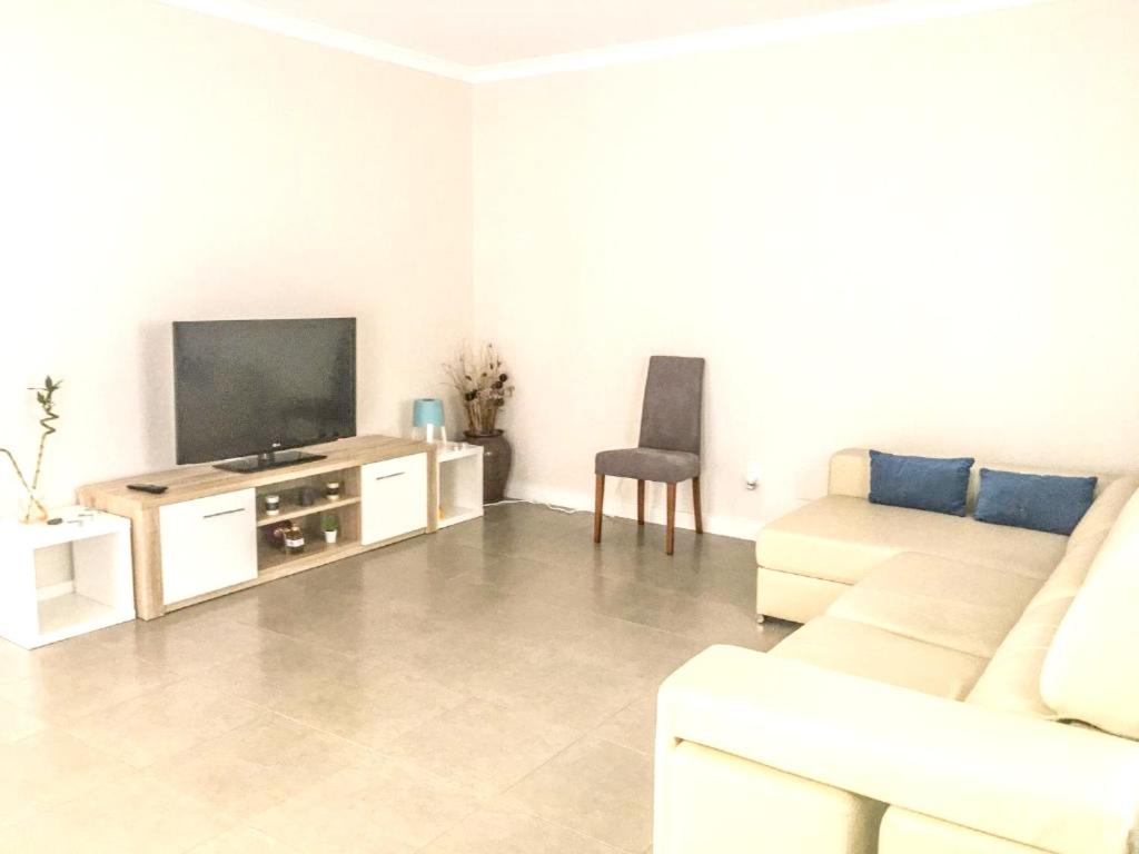 a living room with a couch and a flat screen tv at 4 bedrooms house with shared pool enclosed garden and wifi at Atalaia 3 km away from the beach in Lourinhã