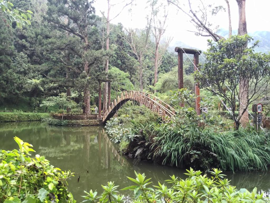 a bridge over a pond in a garden at Kingtaiwan Hotel in Lugu Lake