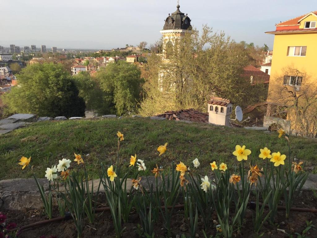 a bunch of flowers on a hill with a building at Къща Стария град in Plovdiv