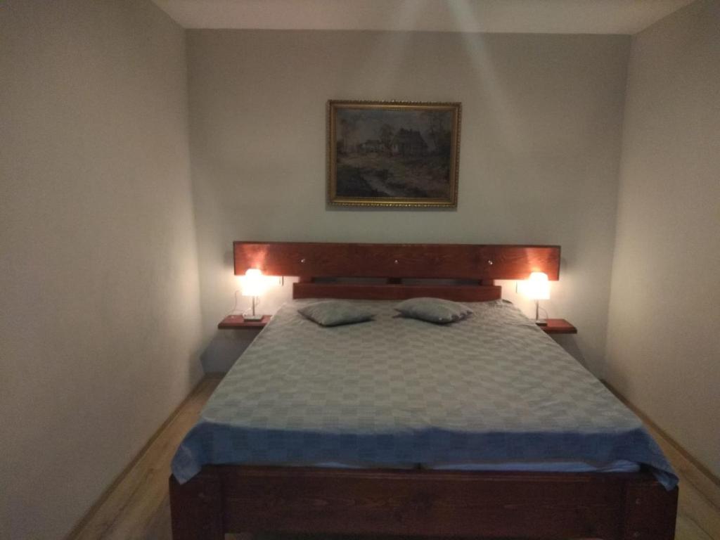 a bedroom with a bed with two lamps on it at Appartment 2 in Braşov