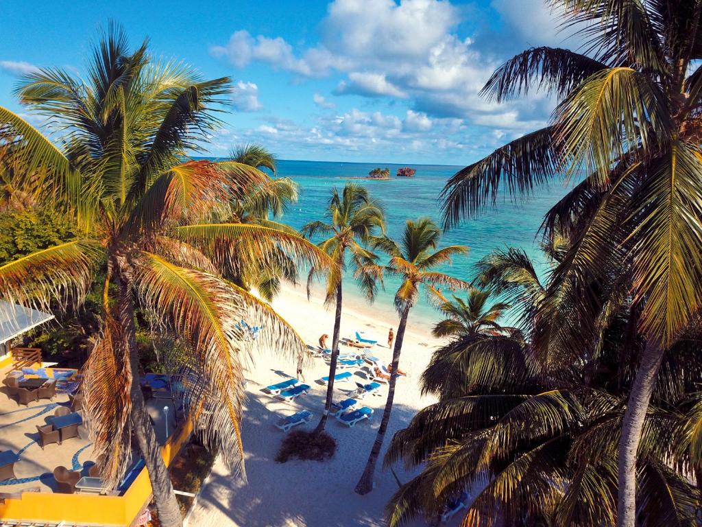 a view of a beach with palm trees and the ocean at Hotel Cocoplum Beach in San Andrés