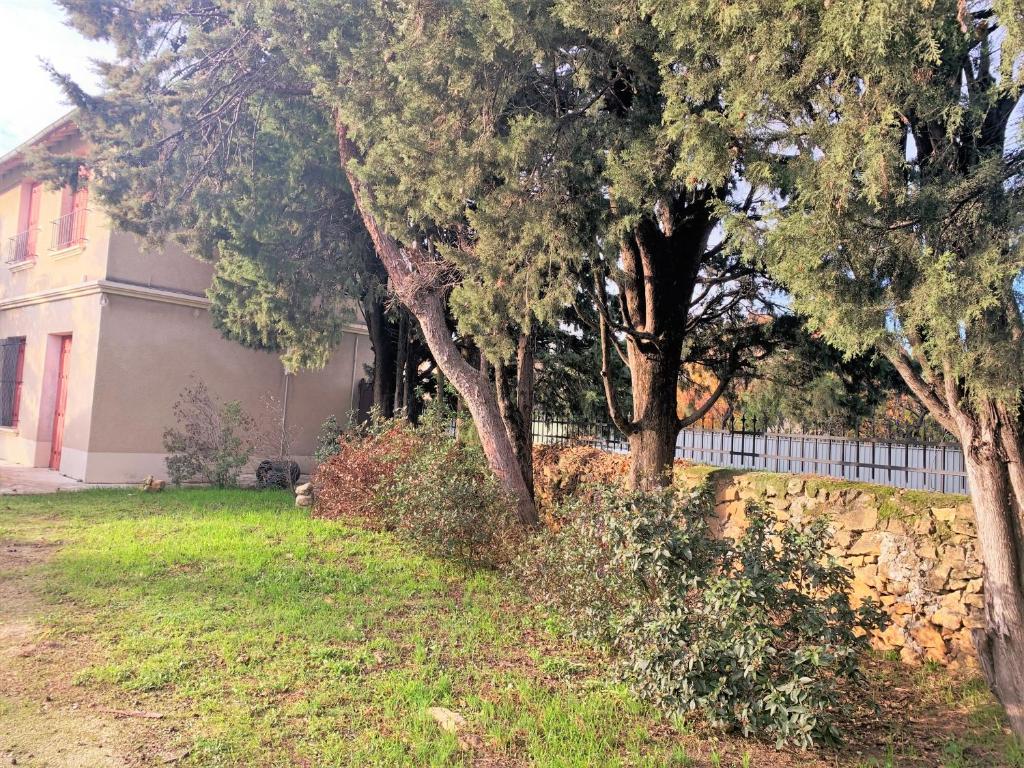 a group of trees in a yard next to a fence at LA PROVENÇALE in Orange