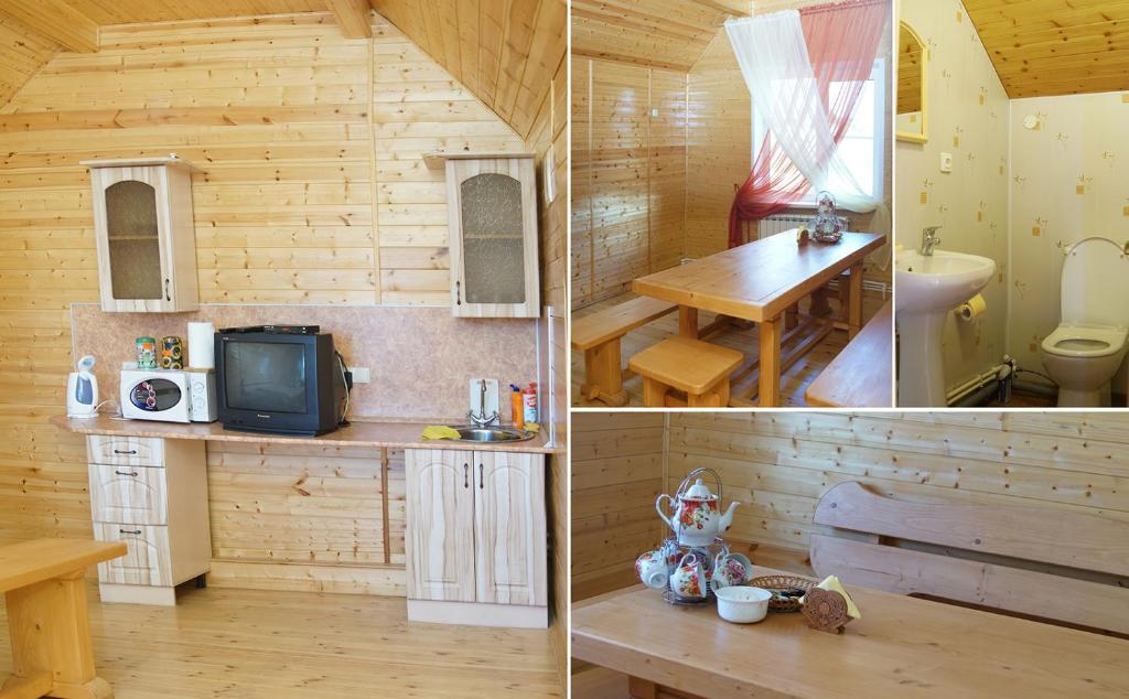 dos fotos de una habitación en una cabaña de madera en ДОМ на ГРАЖДАНСКОЙ, en Uglich