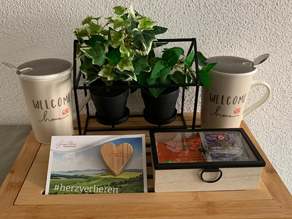 a table with two cups and a picture and a plant at &quot;An der Lindenberganlage&quot; in Melsungen
