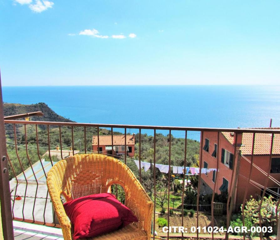 una silla de mimbre con una almohada roja en el balcón en Creuza de Cinque Terre Apartment en Volastra