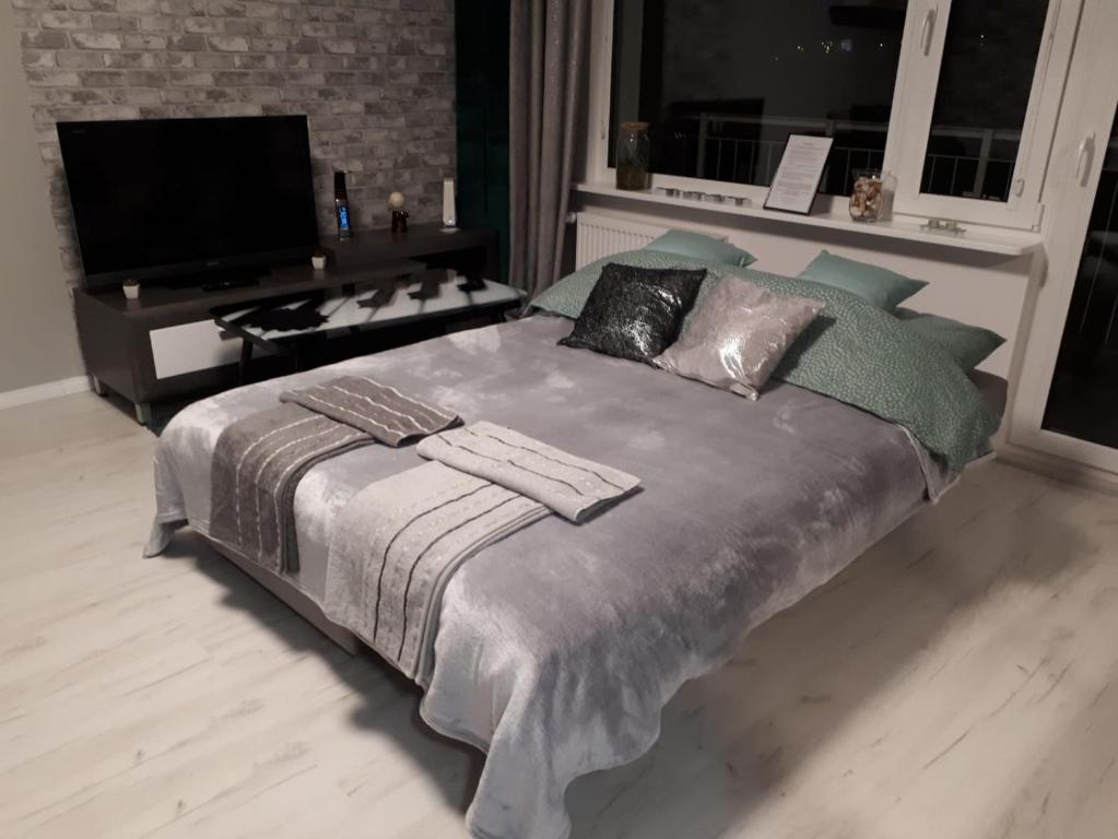 a bedroom with a large bed and a flat screen tv at Apartamencik w centrum in Rumia
