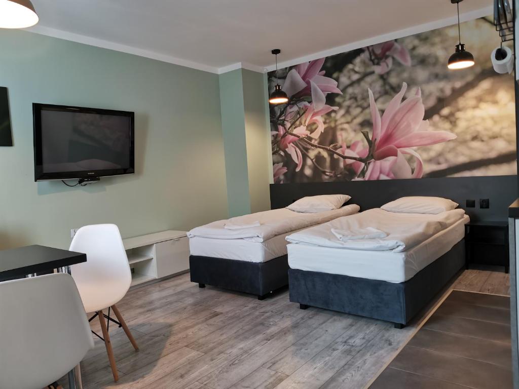 ルダ・シロンスカにあるApartamenty Jaskinia Solnaのベッド2台、薄型テレビが備わる客室です。