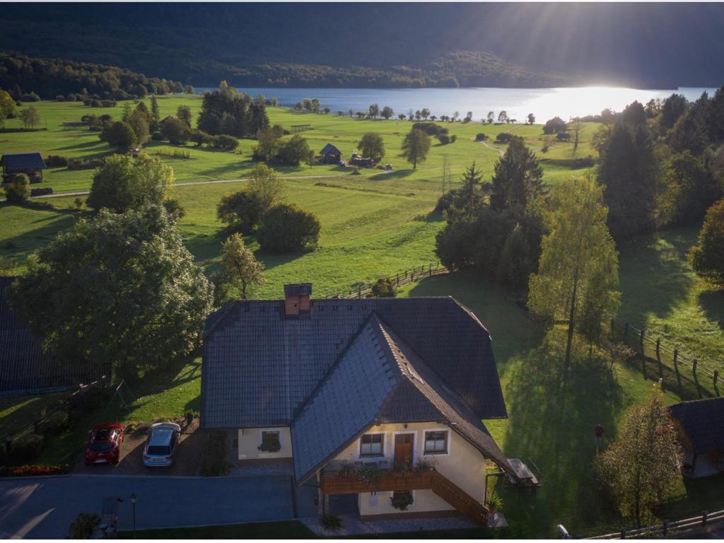 a house with a view of a field and a lake at Apartments Rožič Bohinj in Bohinj