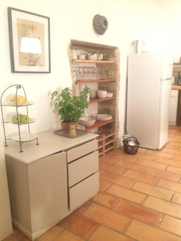 SernhacにあるProvence Hausのキッチン(白い冷蔵庫、カウンターの植物付)