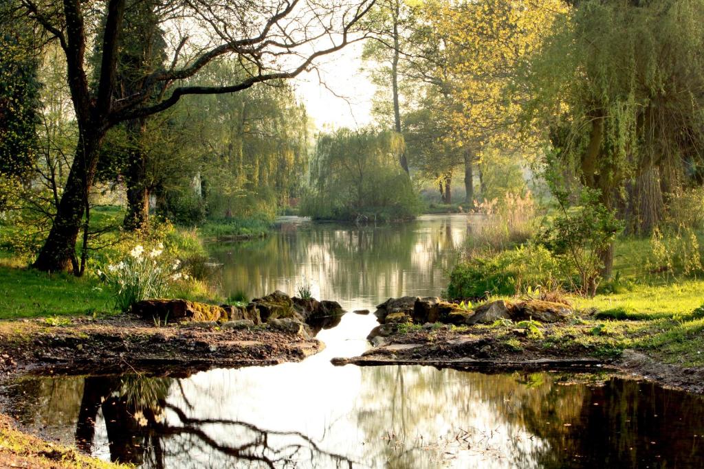 a river in the middle of a park with trees at Lifehouse Spa And Hotel in Frinton-on-Sea