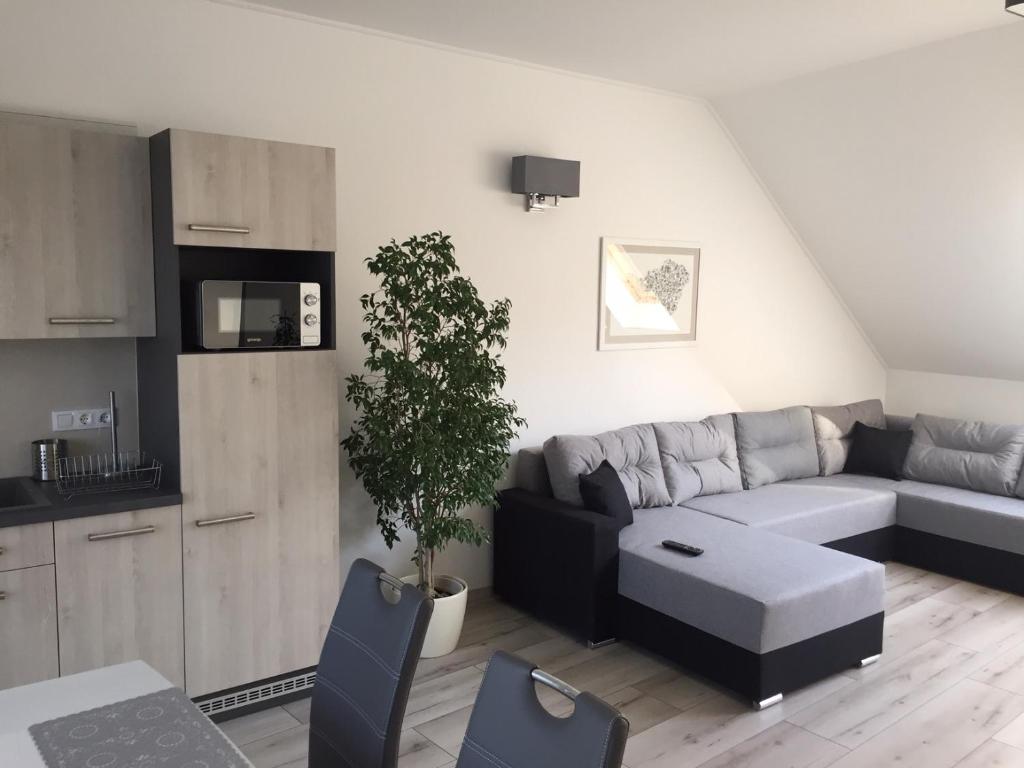 sala de estar con sofá y mesa en Jókai Apartman, en Dunaföldvár