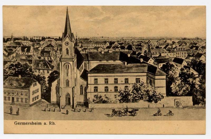 an old picture of a city with a church at Restaurant Pension in Germersheim