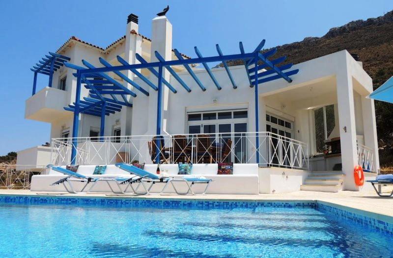 uma villa com piscina em frente a uma casa em Villa Eleonora em Kókkinon Khoríon