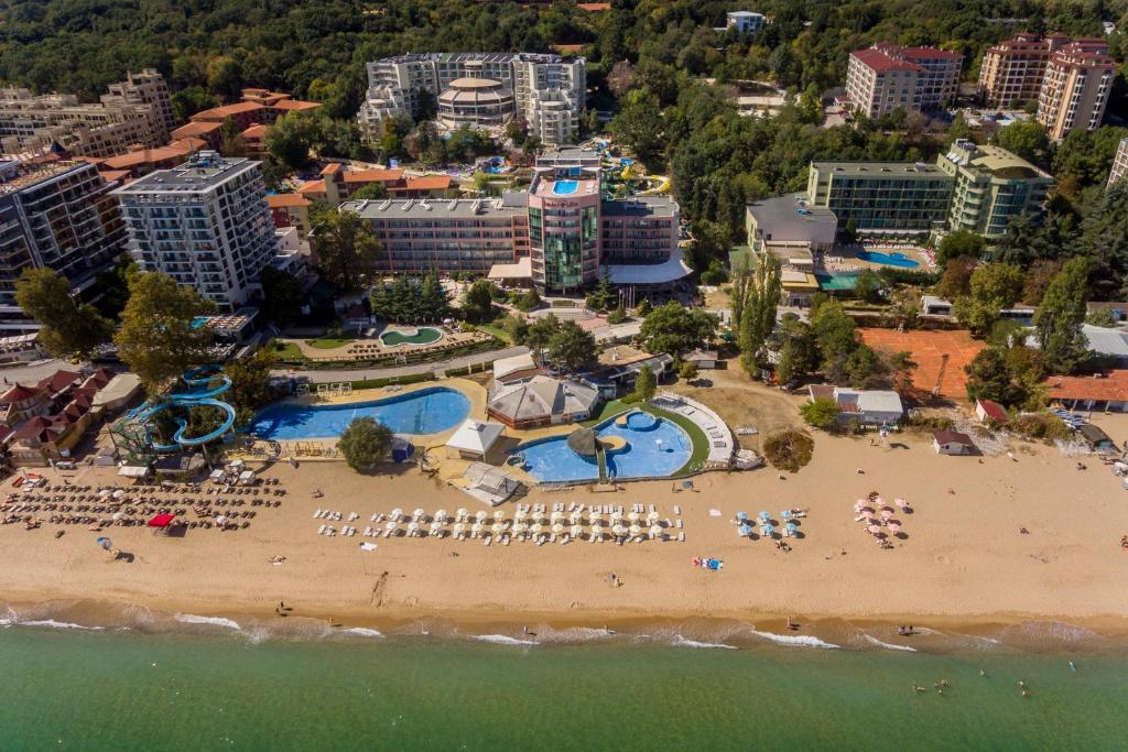 an aerial view of a beach with a resort at Hotel Lilia in Golden Sands