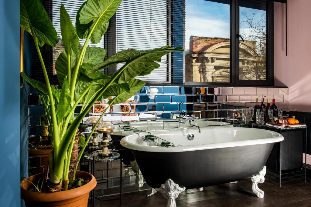 a bathroom with a bath tub and a plant at Communal Hotel Sololaki in Tbilisi City