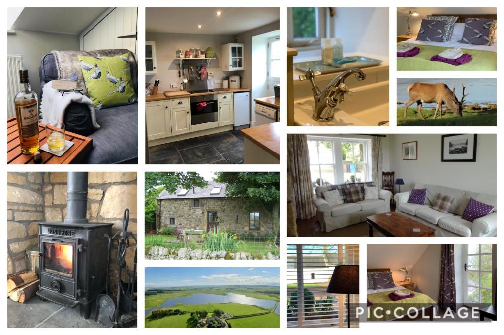 a collage of pictures of a living room at Charming cottage with loch and hill views nr Edinburgh in Cobbinshaw