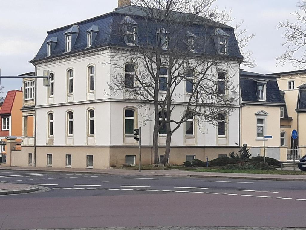 an old white building with a black roof on a street at Monteurwohnung Zentrum in Zerbst
