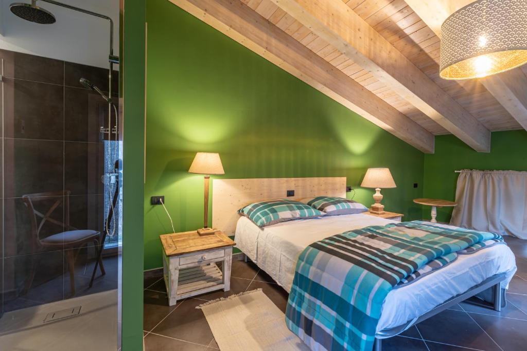 a bedroom with green walls and a bed and a shower at AL TORRIONE in Casalmaggiore