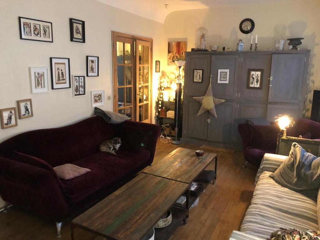 a living room with a couch and a coffee table at Petit cocon lillois:Cheminée & jardin in Lille
