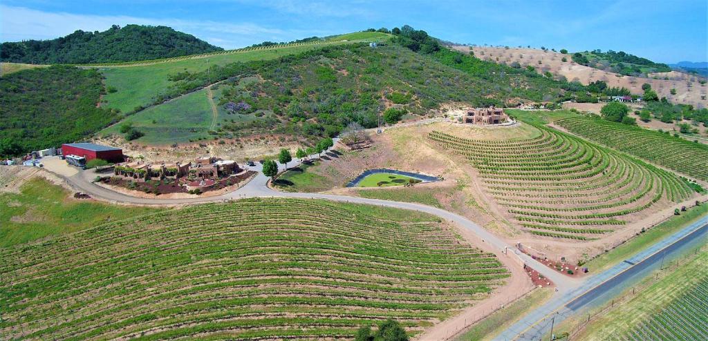 an aerial view of a vineyard on a hill at Sirena Vineyard Resort - 3 Bedroom guest house in Paso Robles