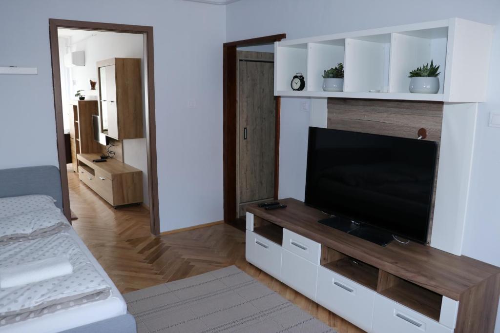 uma sala de estar com uma televisão de ecrã plano num centro de entretenimento em Petofi Apartman em Szeged