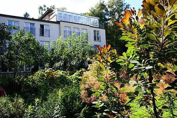 un edificio blanco con muchas plantas delante de él en Willa Solmare en Władysławowo