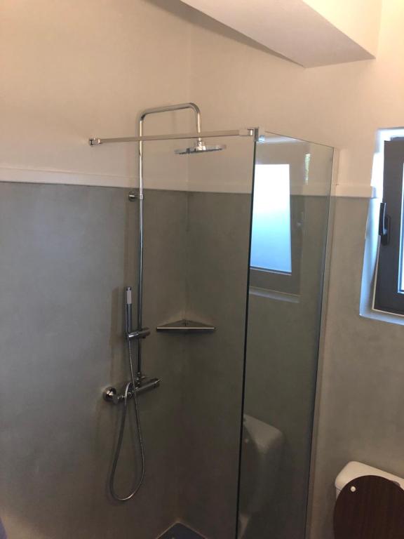 a shower with a glass door in a bathroom at Aloni Studios and Apartments in Lassi