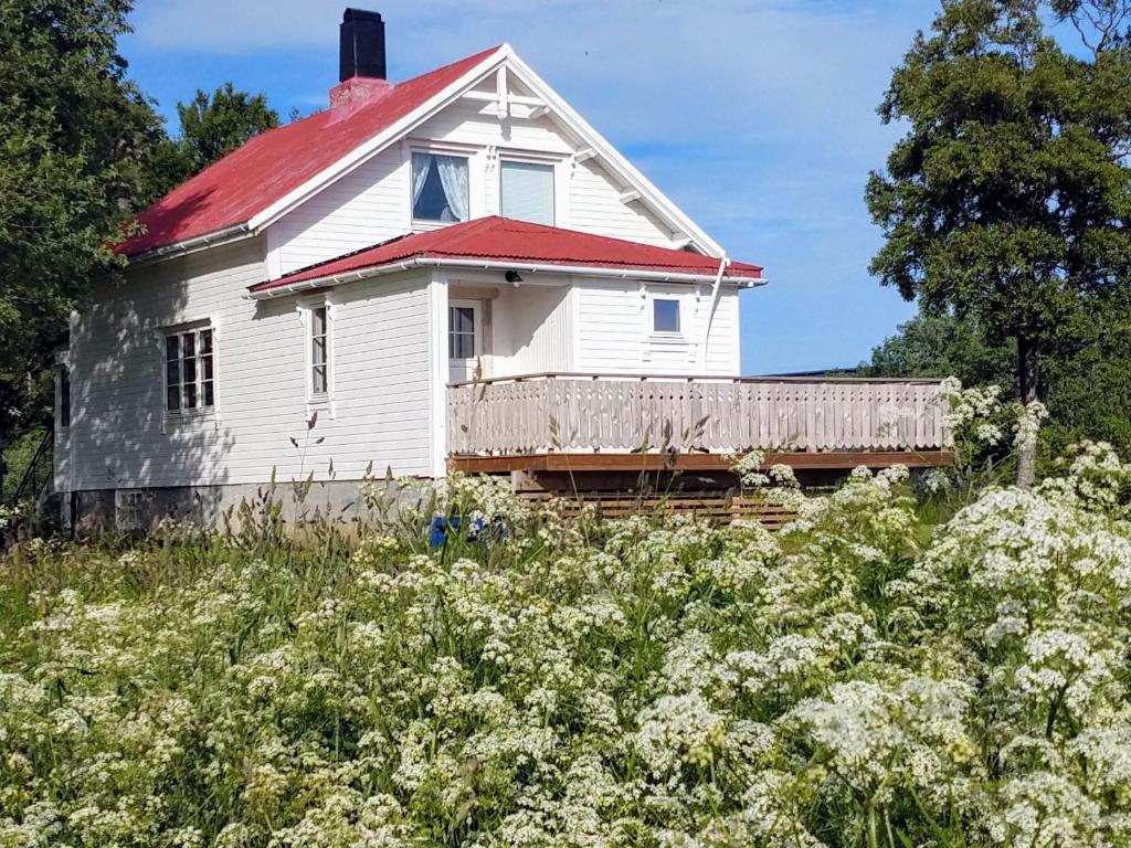 une ancienne maison blanche avec un toit rouge dans l'établissement Borghildstua Feriehus, à Melbu