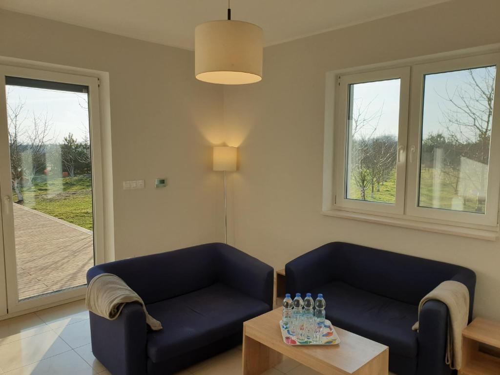 a living room with two blue couches and a table at Apartament w zieleni do wynajęcia blisko jeziora in Środa Wielkopolska